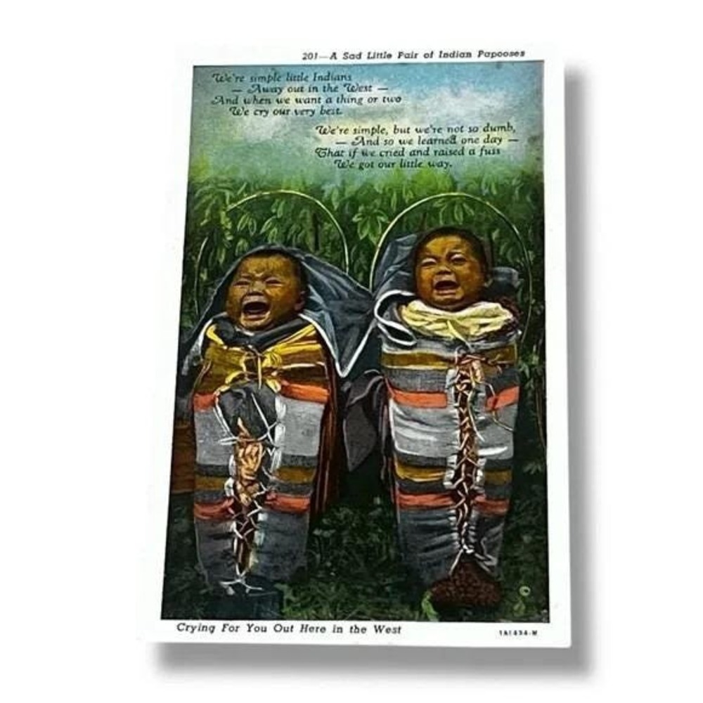 Postcard A Sad Little Pair of Indian Papooses Linen Card C283